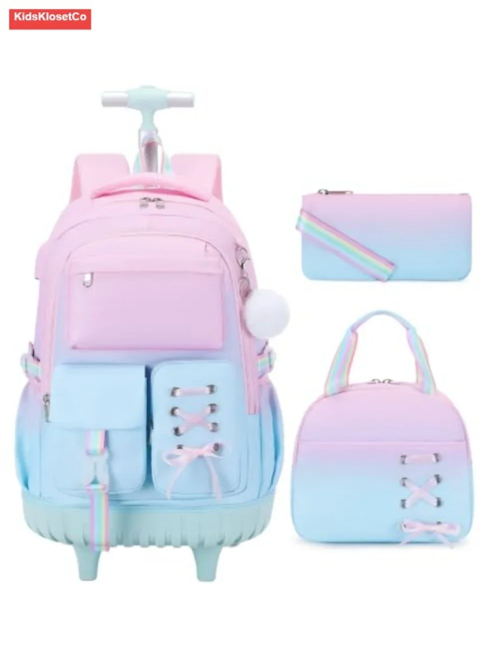 Rolling Backpack for Girls with Wheels, Laptop Compartment, USB Port, Lunch Bag